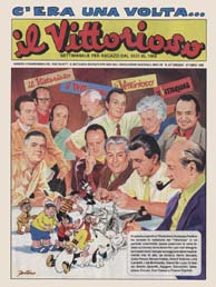 Alcuni collaboratori del Vittorioso visti da Festino. In alto da sinistra: Nevio Zeccara, Carlo Peroni, Renato Polese, Gino D'Antonio, Lino Landolfi, Lina Buffolente, Gianni De Luca; in basso: Benito Jacovitti, Ruggero Giovannini, Sebastiano Craveri, Franco Caprioli